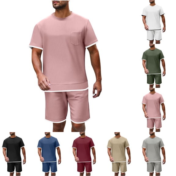 FRSASU Men's Summer Beach Outfits 2 Piece Vintage Short Sleeve Crew Neck T Shirts and Shorts Vacation Texture Sets for Men with Pockets White