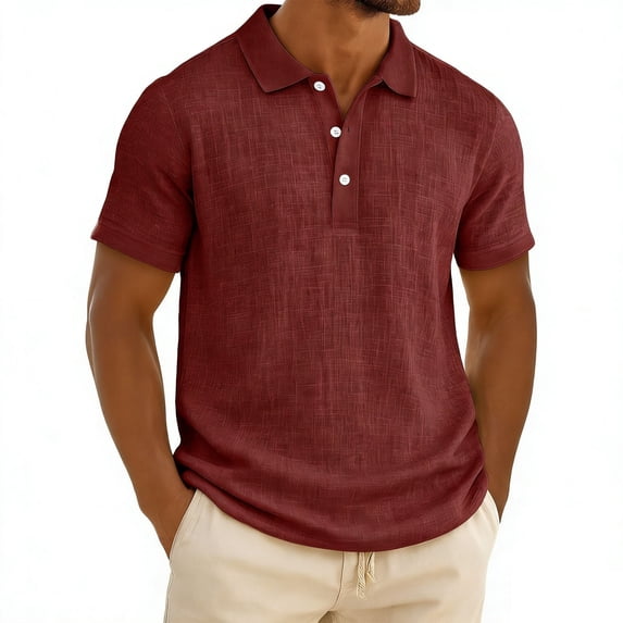 FRSASU Men's Summer Button Down Shirt Short Sleeve for Beach Shirts Linen Texture Fitted Casual Tee Tops Wine