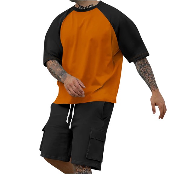 FRSASU Men's Summer Cotton Outfits 2 Piece Short Sleeve Color Block Oversized Raglan T Shirt and Drawstring Cargo Shorts Set Track Suits Orange