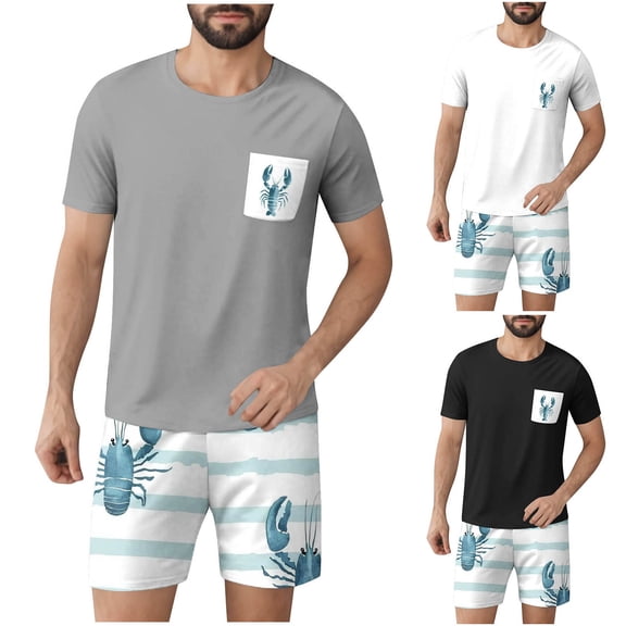 FRSASU Men's Summer Cotton Pajamas Set 2 Piece Pjs Sets Short Sleeve Funny Graphics Tee and Shorts Lounge Set with Pockets White