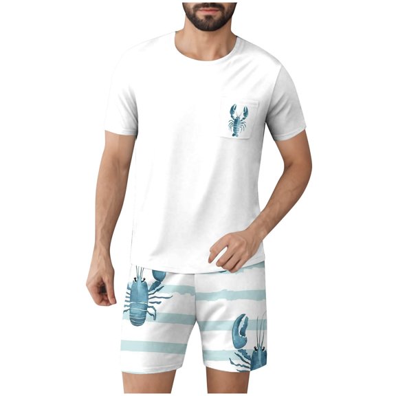 FRSASU Men's Summer Cotton Pajamas Set 2 Piece Pjs Sets Short Sleeve Funny Graphics Tee and Shorts Lounge Set with Pockets White