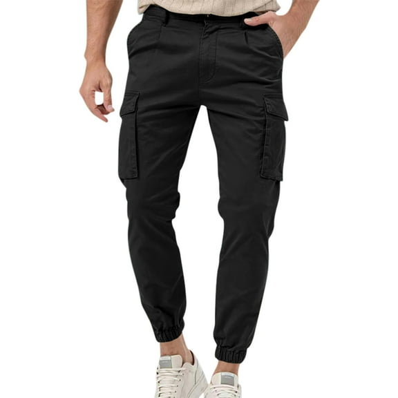 FRSASU Men's Summer Daily Casual Cargo Pants Slim Fit Lightweight Pull on Workwear Pant Black