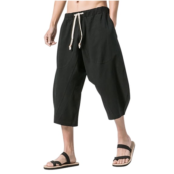 FRSASU Men's Summer Loose Cotton Linen Casual Trousers Harem Pants Calf-length Shorts Sweatpants Black