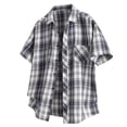thumbnail image 1 of FRSASU Men's Summer Plaid Dress Shirt Short Sleeve Button Down Cuban T-Shirts Western Casual Checkered Button Up Shirts Black, 1 of 7