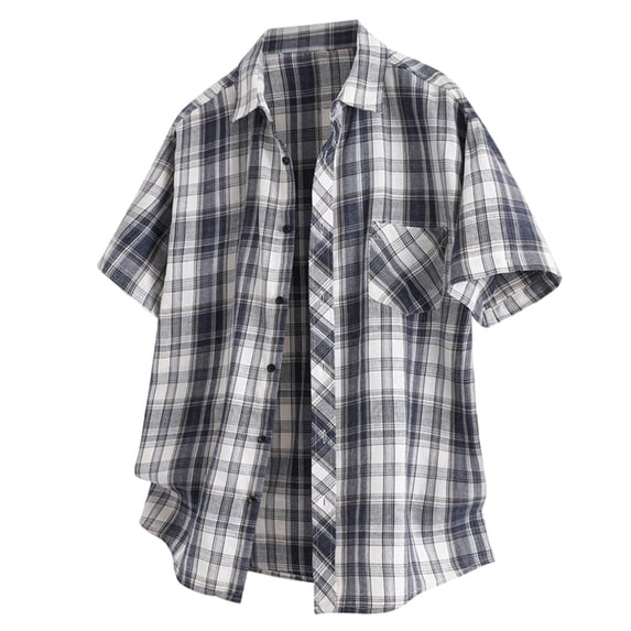 FRSASU Men's Summer Plaid Dress Shirt Short Sleeve Button Down Cuban T-Shirts Western Casual Checkered Button Up Shirts Black
