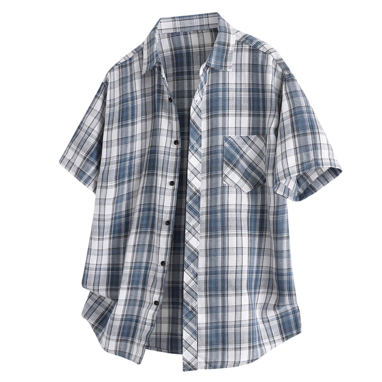 FRSASU Men's Summer Plaid Dress Shirt Short Sleeve Button Down Cuban T-Shirts Western Casual Checkered Button Up Shirts Blue