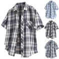 thumbnail image 1 of FRSASU Men's Summer Plaid Dress Shirt Short Sleeve Button Down Cuban T-Shirts Western Casual Checkered Button Up Shirts Light Blue, 1 of 8