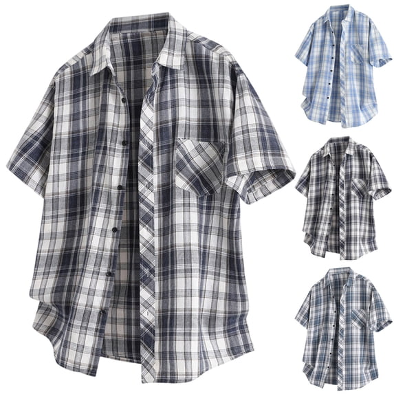 FRSASU Men's Summer Plaid Dress Shirt Short Sleeve Button Down Cuban T-Shirts Western Casual Checkered Button Up Shirts Light Blue