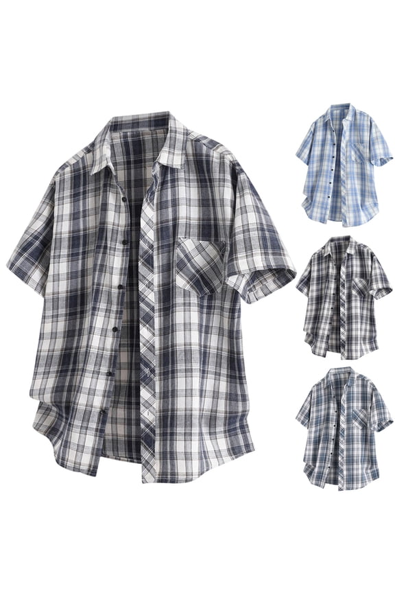 Men's Summer Plaid Dress Shirt Short Sleeve Button Down Cuban T-Shirts Western Casual Checkered Button Up Shirts Light Blue