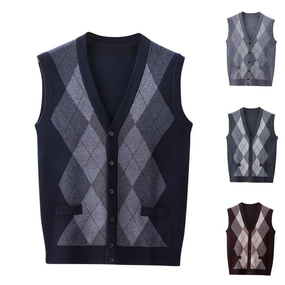 FRSASU Men's Sweater Vest V-Neck Sleeveless Cardigan Slim Button up Knitted Fall Winter Heavy Knitwear Wine
