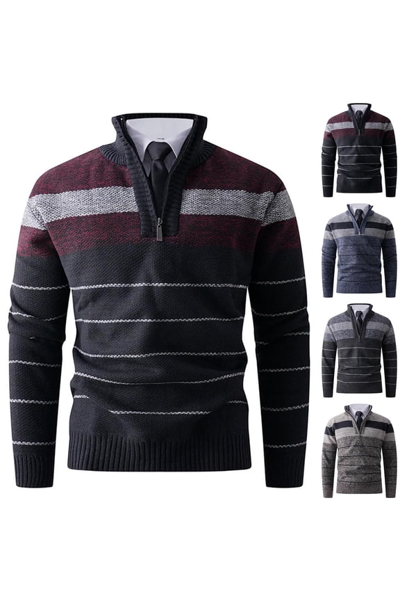 Men's Sweaters Quarter Zip Cotton Chunky Sweater Pullover Polo Sweaters Striped Fall Winter Warm Sweatshirts Wine
