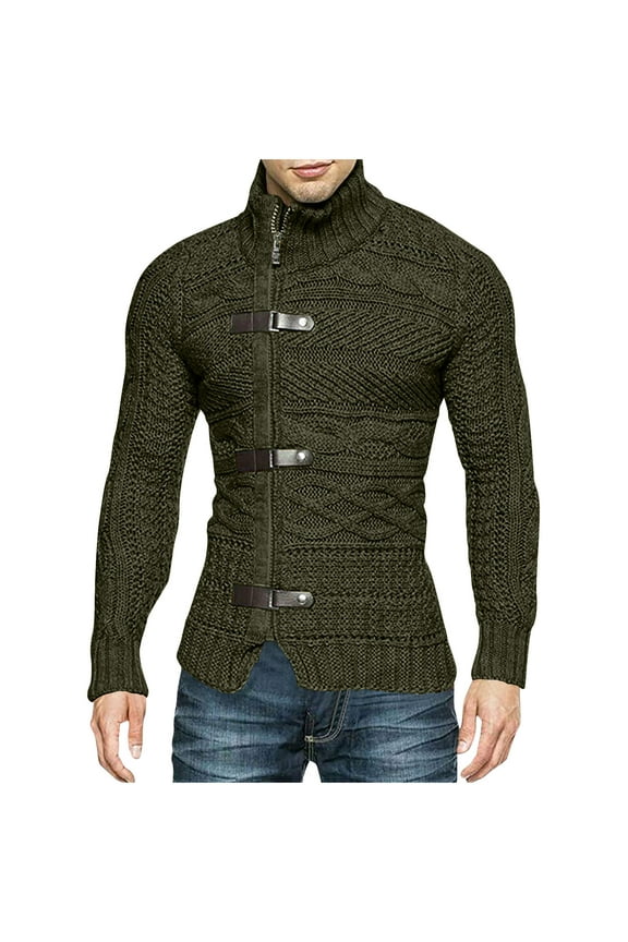 Men's Sweaters with Leather Buckle High Neck Long Sleeve Knitted Cardigan Coat Army Green