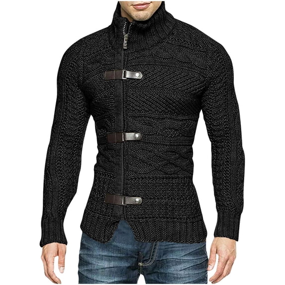 FRSASU Men's Sweaters with Leather Buckle High Neck Long Sleeve Knitted Cardigan Coat Black