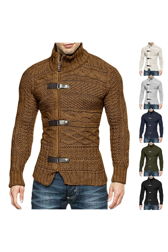 Men's Sweaters with Leather Buckle High Neck Long Sleeve Knitted Cardigan Coat White