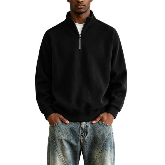 FRSASU Men's Sweatshirts Half Zip Mock Neck Pullover Ribbed Knit Sweatshirt Casual Slim Fit Fall Winter Tops Black