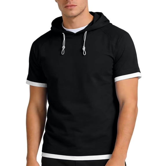 FRSASU Men's T-Shirt Summer Slim Fitness Hooded Short-Sleeved Tees Male Sport Sweatshirt Solid Color Fashion Pullover Black