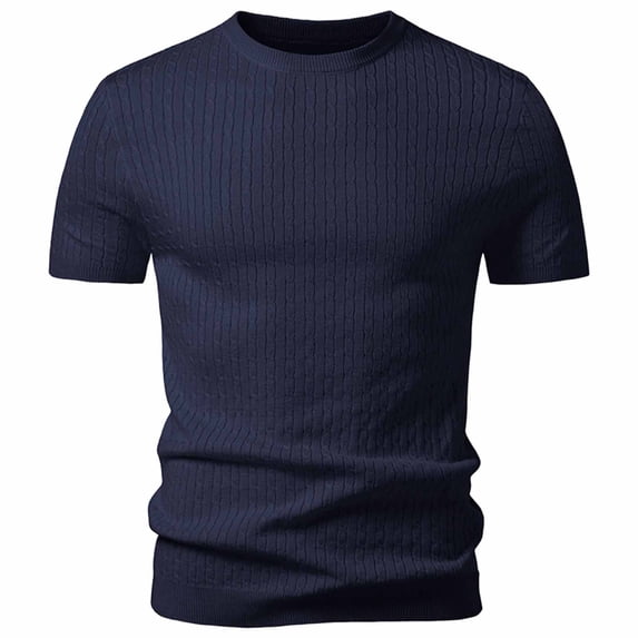 FRSASU Men's T-Shirts Short Sleeve Knit Casual Crewneck Ribbed Soft Breathable Slim Fit Tee for Daily Wear Navy