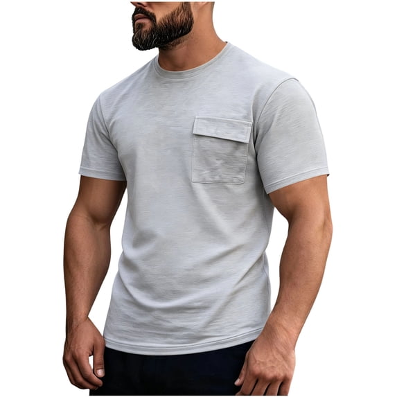 FRSASU Men's T-Shirts Short Sleeve Pocket Tee Soft Crew Neck Solid Color Casual Summer Basic T-shirts Gray