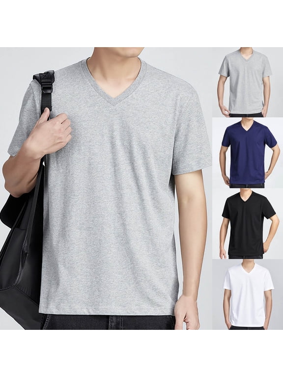 Men's T-Shirts Short Sleeve V-Neck 100% Cotton Tee Solid Color Loose Fit Casual Simple Comfortable Basic Tops White