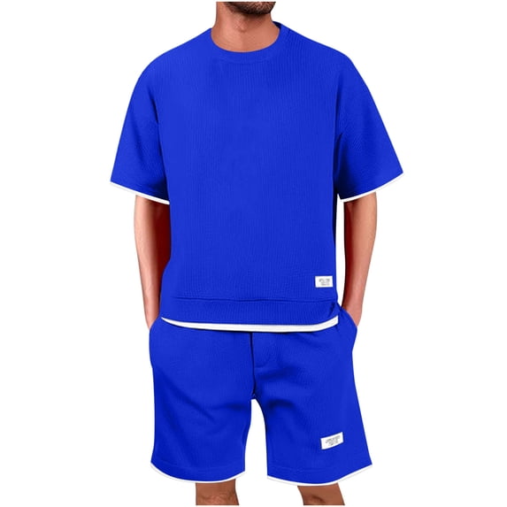 FRSASU Men's T-shirts Short Pants 2 Piece Suit Set Summer Fashion Short Sleeve Tracksuit Set Shorts Streetwear Tee Tops&Shorts Blue