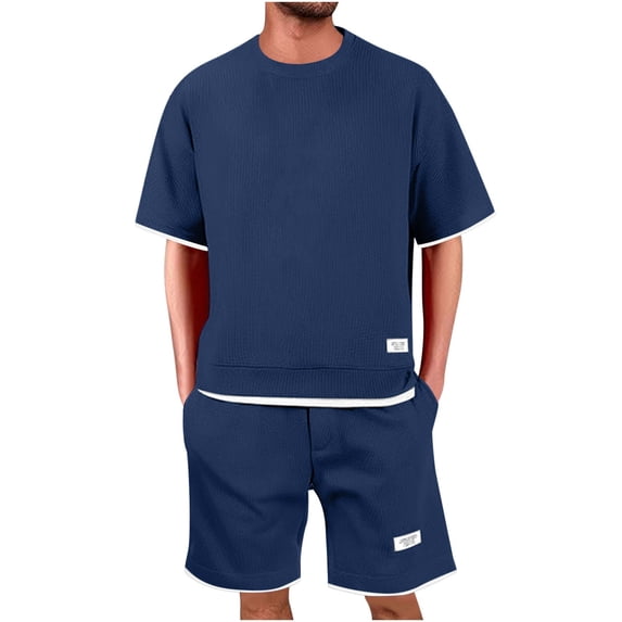 FRSASU Men's T-shirts Short Pants 2 Piece Suit Set Summer Fashion Short Sleeve Tracksuit Set Shorts Streetwear Tee Tops&Shorts Dark Blue