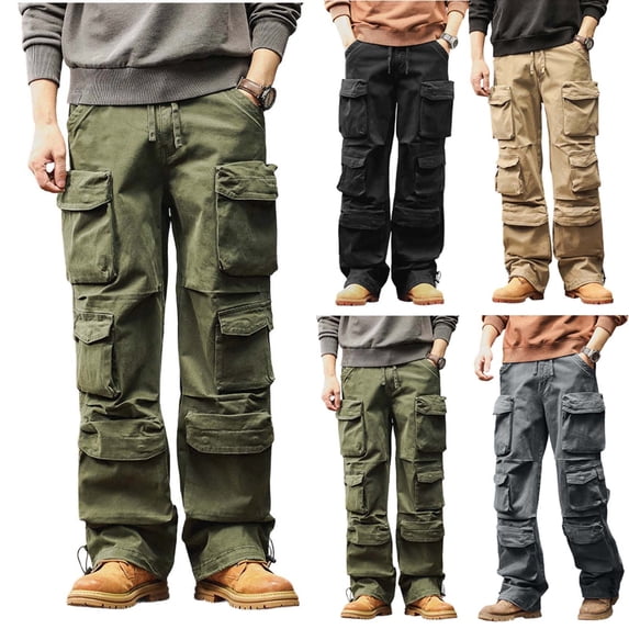 FRSASU Men's Tactical Cargo Pants Water Resistant Hiking Pant Drawstring Elastic Waist Work Pant with Flap Pocket Khaki