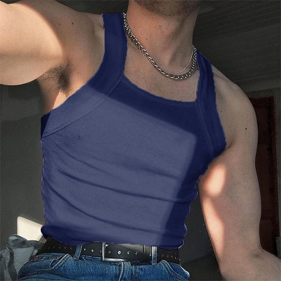 FRSASU Men's Tank Tops Knit Cut Square Neck Solid Color Sleeveless Casual Slim Fitted Muscle Summer Sport Shirt Navy-A
