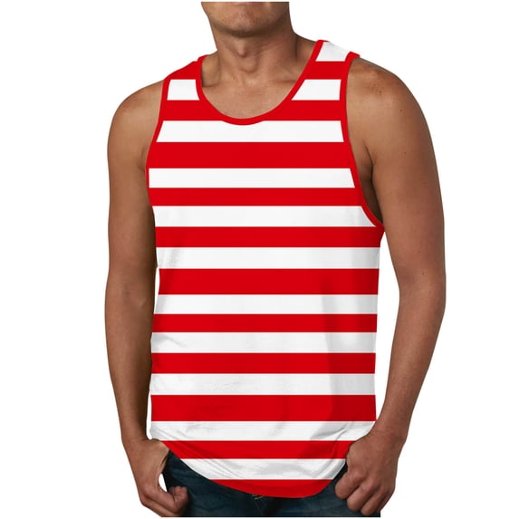 FRSASU Men's Tank Tops Summer Sleeveless Stripe Print Workout Gym Athletic T-Shirts Loose Crewneck Beach Undershirts Red-E