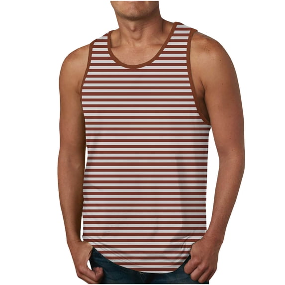 FRSASU Men's Tank Tops Workout Muscle Sleeveless Striped Casual Summer Beach Cotton Gym Stretch Lightweight Tee Shirt Brown-C
