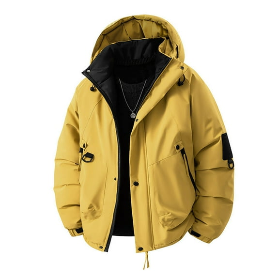 FRSASU Men's Thicken Cotton Work Coat Waterproof Workwear Fit Loose Winter Hooded Active Jacket Yellow