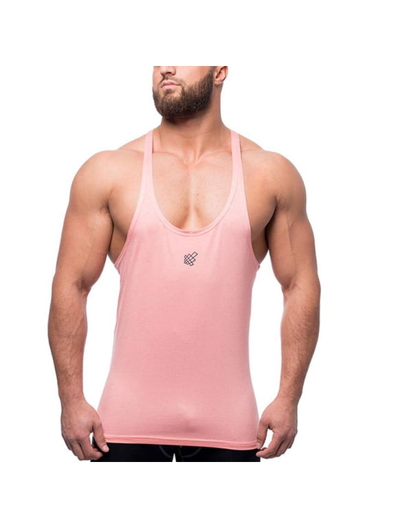 Men's Thin Strap Stringer Tank Tops, Quick Dry Bodybuilding Stringer Weight-Training Y-Back Shirts Pink