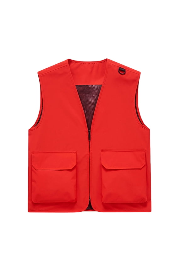 Men's Travel Cargo Vest Outdoor Fishing Work Zip up Waistcoat Sleeveless Utility Multi Pockets Hiking Jackets Red