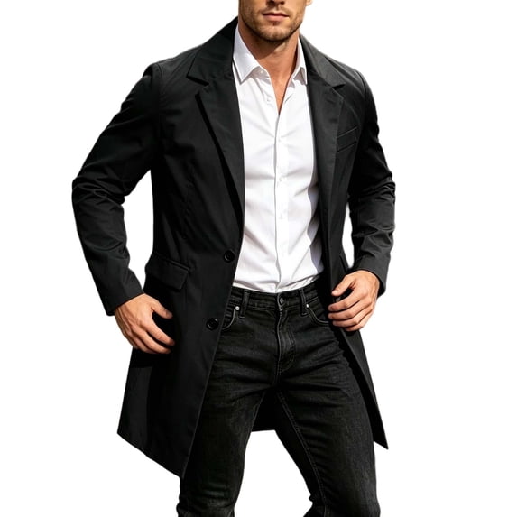 FRSASU Men's Trench Coat Slim Fit Single Breasted Long Windbreaker Jacket Classic Lapel Casual Overcoat with Side Pockets Black