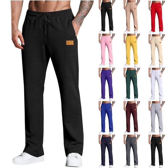 FRSASU Men's Trendy Straight Long Pants Elastic Waist Drawstring Athletics Leisure Trousers with Pockets Leather Labels Yellow