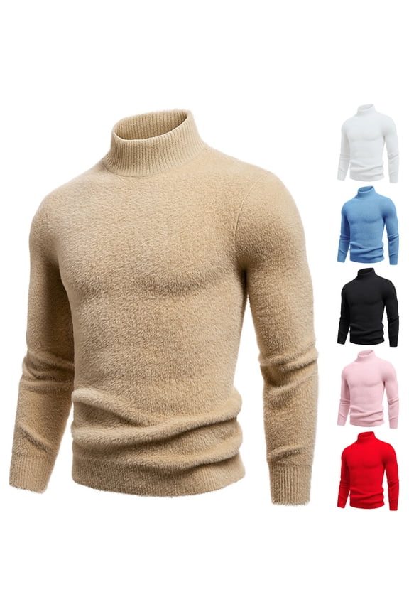 Men's Turtleneck Sweaters Cozy Wool Blend Mid-Weight Slim Fit Highneck Pullover Sweaters Red