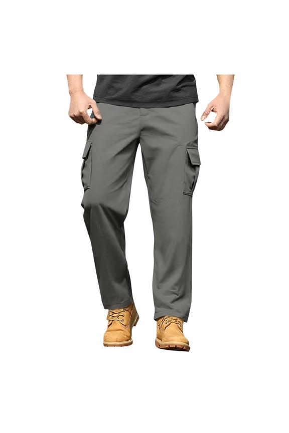 Men's Twill Slim-Fit Cargo Hiking Pants Stretch Cotton Casual Outdoor Tactical Utility Work Pants Gray