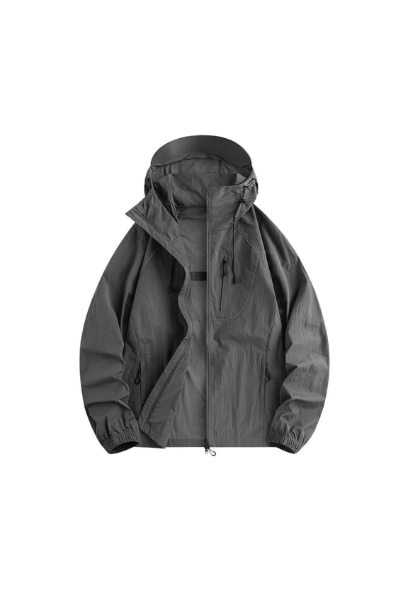 Men's UPF 50+ Breathable Quick-Dry Outdoors Sun Jacket with Adjustable Hood & Elastic Cuffs Gray