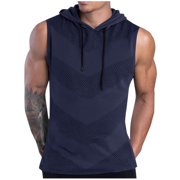 FRSASU Men's UPF 50+ Hooded Tank Top Sleeveless Hoodies Mesh Breathable Lightweight Casual Gym Workout Shirts Cooling Muscle Tee Shirt Navy