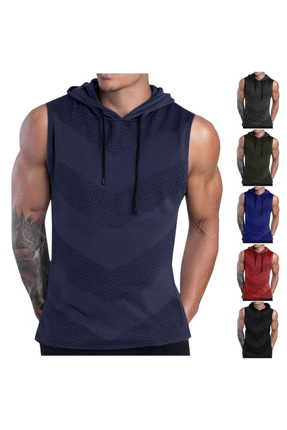 Men's UPF 50+ Hooded Tank Top Sleeveless Hoodies Mesh Breathable Lightweight Casual Gym Workout Shirts Cooling Muscle Tee Shirt Red