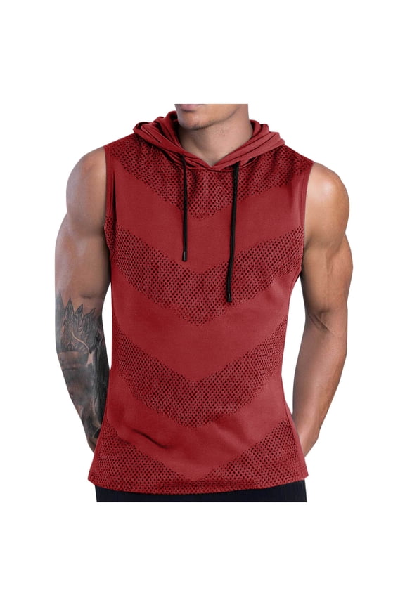Men's UPF 50+ Hooded Tank Top Sleeveless Hoodies Mesh Breathable Lightweight Casual Gym Workout Shirts Cooling Muscle Tee Shirt Red