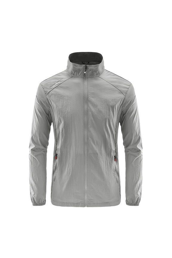 Men's UPF 50+ Sun Protection Jacket Zip Up Stand Collar Lightweight Fishing Quick Dry Long Sleeve Rash Guard Coat Gray