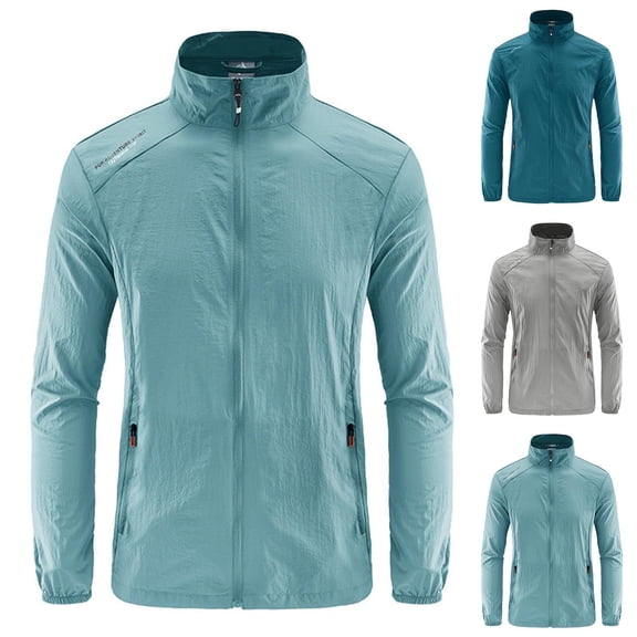 FRSASU Men's UPF 50+ Sun Protection Jacket Zip Up Stand Collar Lightweight Fishing Quick Dry Long Sleeve Rash Guard Coat Light Blue