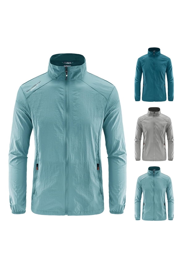Men's UPF 50+ Sun Protection Jacket Zip Up Stand Collar Lightweight Fishing Quick Dry Long Sleeve Rash Guard Coat Light Blue