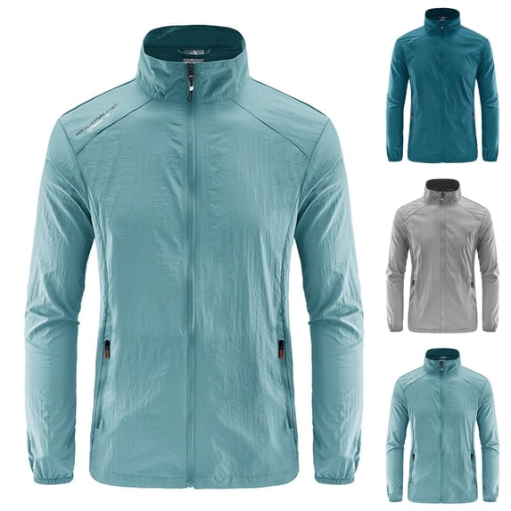 FRSASU Men's UPF 50+ Sun Protection Jacket Zip Up Stand Collar Lightweight Fishing Quick Dry Long Sleeve Rash Guard Coat Light Blue