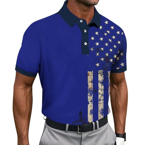 FRSASU Men's USA Flag Polo Shirt Short Sleeve Independence Day American Patriotic Shirts Breathable Outdoor Golf Shirts Blue-H