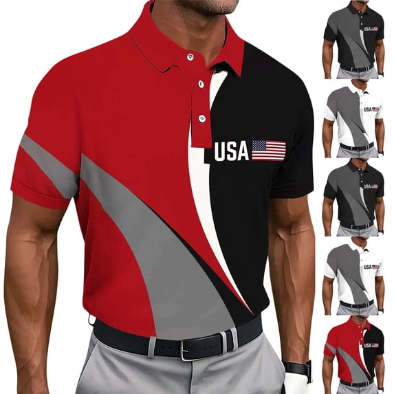 FRSASU Men's USA Flag Polo Shirt Short Sleeve Independence Day American Patriotic Shirts Breathable Outdoor Golf Shirts Red-B