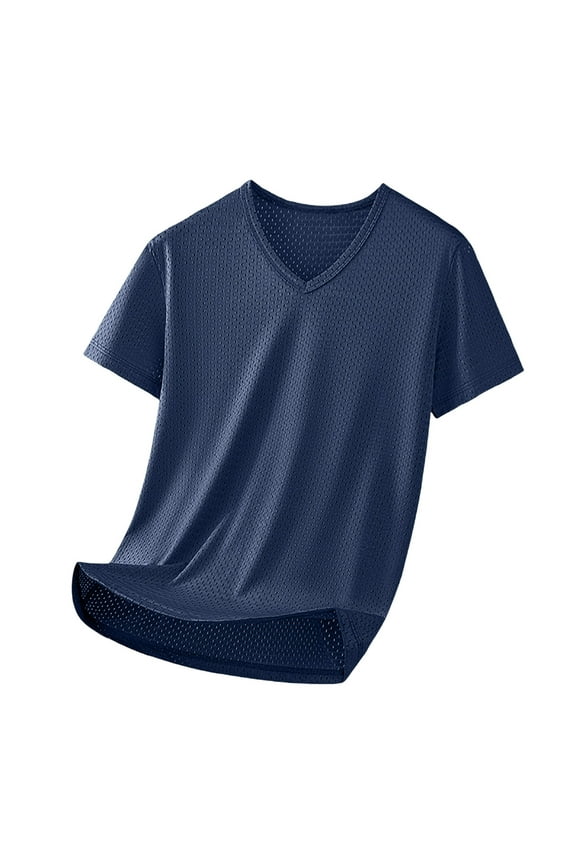 Men’s V-Neck Quick Dry Moisture Wicking Active Athletic Tech Performance Mesh Short Sleeve T-Shirt Navy