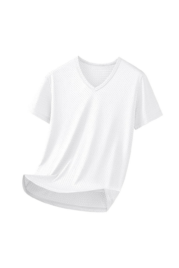 Men’s V-Neck Quick Dry Moisture Wicking Active Athletic Tech Performance Mesh Short Sleeve T-Shirt White
