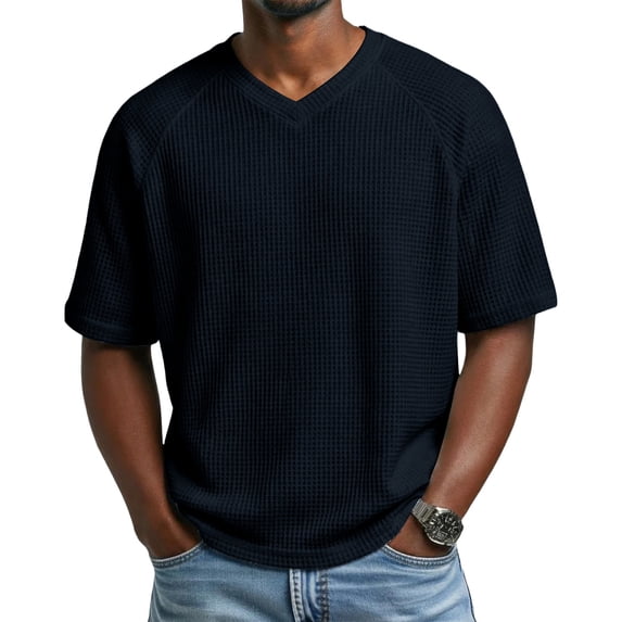 FRSASU Men's V Neck T-Shirts Waffle Knit Short Sleeve Basic Plus Size Tee Casual Top Navy