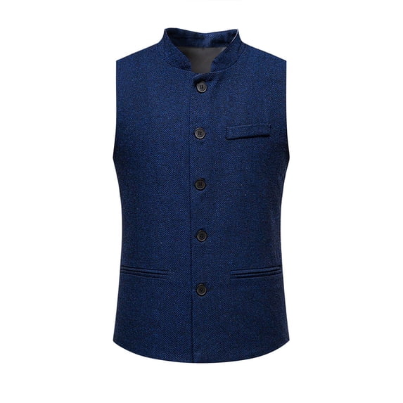 FRSASU Men's Vest Herringbone Height Collar Single Button Solid Waistcoat Wedding Groom Banquet Party Suit Vest Navy